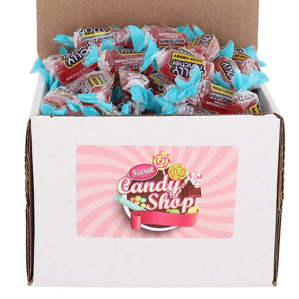 Box of individually wrapped Jolly Rancher Fruit Punch hard candy, red candies in light blue wrappers