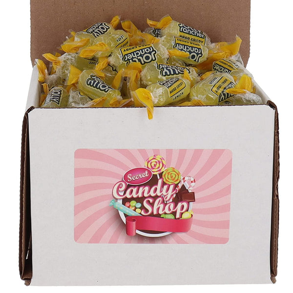 Box of individually wrapped Jolly Rancher Lemon hard candy, yellow candies in yellow wrappers