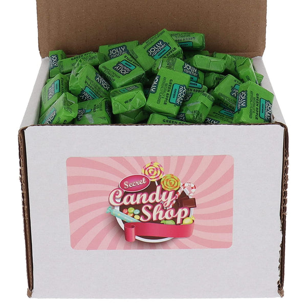 Box filled with Jolly Rancher Chews in green apple flavor wrappers