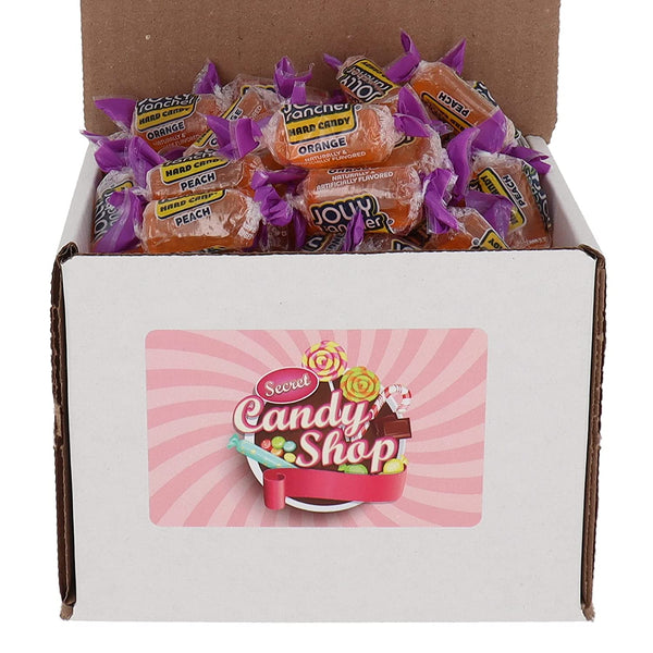 Box of individually wrapped Jolly Rancher hard candy, Orange and Peach flavors in purple wrappers