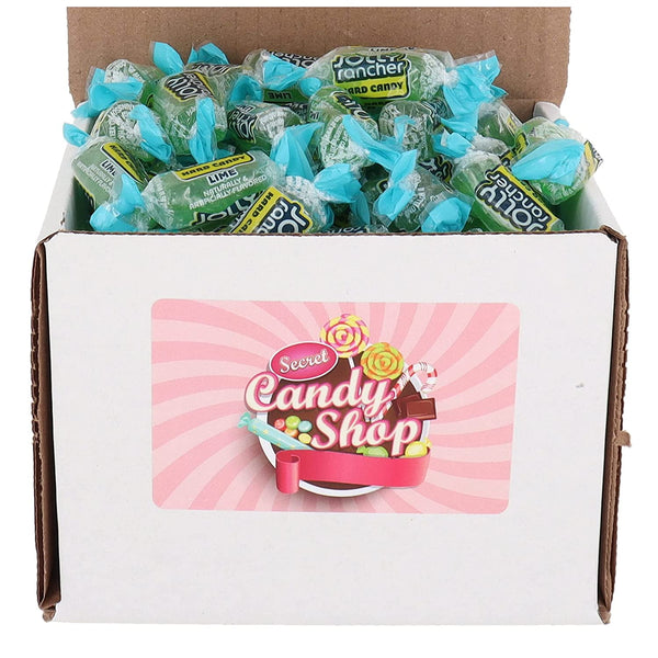 Box of individually wrapped Jolly Rancher Lime hard candy, green candies in light blue wrappers