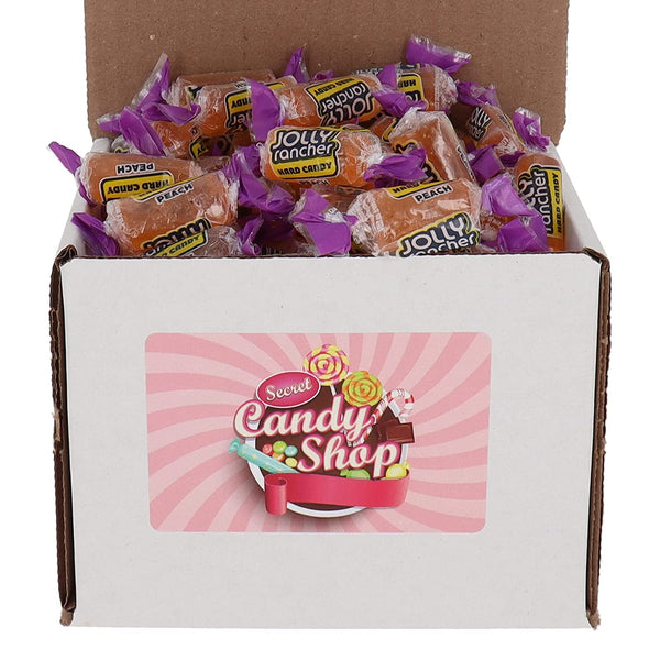 Box of individually wrapped Jolly Rancher Peach hard candy in purple wrappers