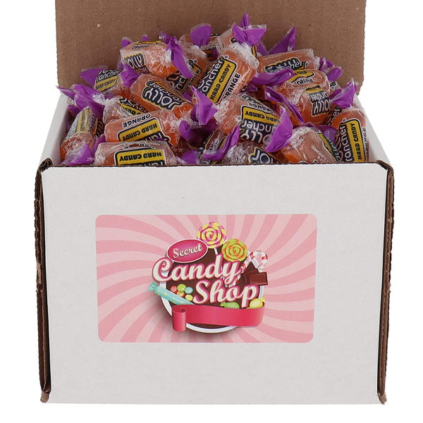 Box of individually wrapped Jolly Rancher Orange hard candy in purple wrappers