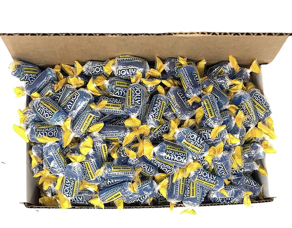Top view of open box packed with individually wrapped Jolly Rancher Blue Raspberry hard candy