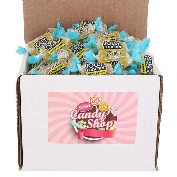 Box of individually wrapped Jolly Rancher Golden Pineapple hard candy in light blue wrappers