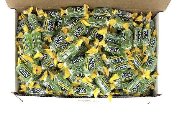 Top view of open box packed with individually wrapped Jolly Rancher Green Apple hard candy