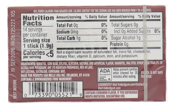 Trident Sugar Free Gum - Cinnamon Flavor