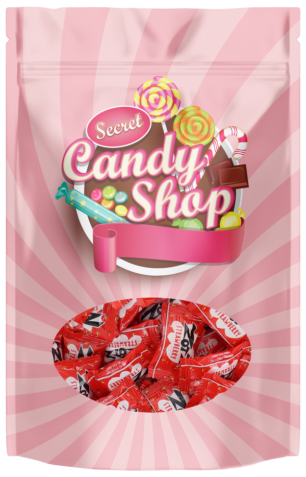 Pink resealable bag with window showing red wrapped Zotz Fizz Power Candy Strawberry pieces